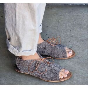 CYDWOQ Vintage Women’s Grey Taupe Woven Lace Up Leather Sole Sandal